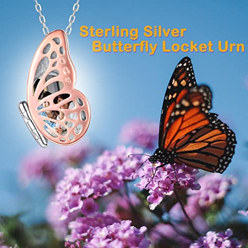 APOTIE Sterling Silver Locket Urn Necklace for Ashes S925 Butterfly Keepsake Holds Pictures for Women Photo Memorial Cremation Jewelry Gifts for loss loved one