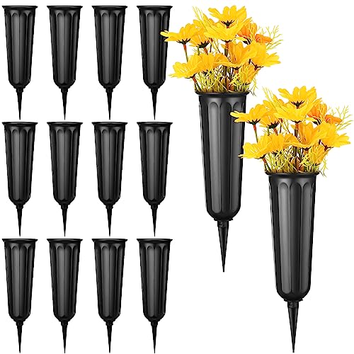 12 Pcs Cemetery Vases with Spikes Plastic Memorial Floral Grave Flower Holder Cone In Ground Vases with Stakes for Lawn Headstone Graveside Decoration Artificial Fresh Flowers(Black) - color: Black