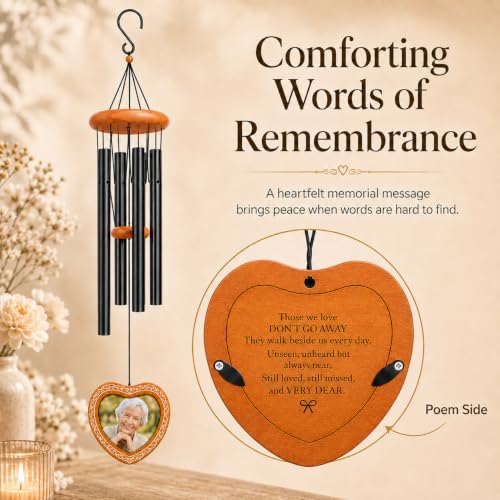 34 Inch Memorial Wind Chimes for Outside with Heart Photo Frame, Black - color: Black