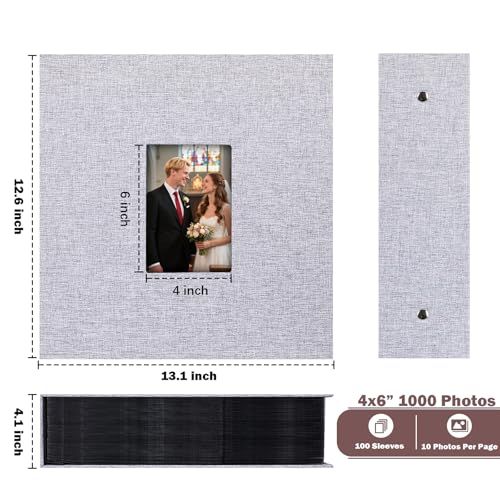 Ruibytree Extra Large Linen Photo Album 4x6 Pictures 1000 Pockets, Grey | Hardcover, Fits Horizontal & Vertical 4x6 Photos, Removable Acid-Free Pages, Front 4x6 Window, for Family, Wedding & Travel - color: Grey