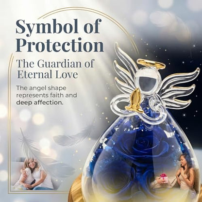 Preserved Rose Eternal Flower in Glass Angel Figurine Real Forever Rose with LED Lights Angel Gifts for Women Birthday Mother's Day Valentine's Glass Dome Blue Sapphire - color: Deep Sapphire Blue