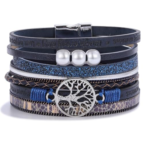 Tree of Life Inspirational Leather Wrap Bracelets Boho Western Cowgirl Cuff - color: Navy Blue