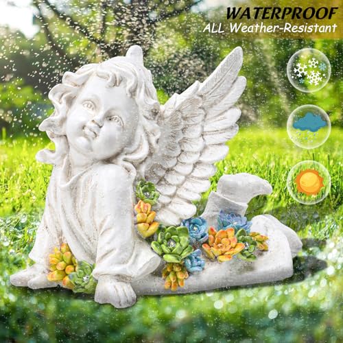 Garden Angels Outdoor Statue, Solar Cherub Baby Angel with Succulent | 7'' Resin Angel Statue with Warm Glow, Memorial Angel Figurines Gardening Gifts for Mother Grandma Yard Patio Lawn Decoration - style: Playful Cherub