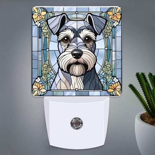 Miniature Schnauzer Stained Glass Night Lights Plug into Wall for Room, Miniature Schnauzer Night Light LED for Bedroom - color: Miniature Schnauzer