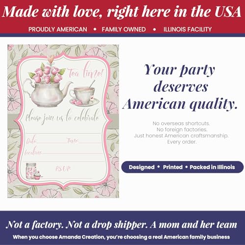 Watercolor Tea Party Theme Girls Birthday Party 20 Invitations 5x7 Fill-In Cards with Envelopes, Princess Theme Elegant Floral Design for Child Celebration, Made in USA by Amanda Creation - style: Watercolor Tea Party