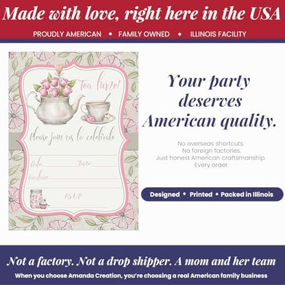 Watercolor Tea Party Theme Girls Birthday Party 20 Invitations 5x7 Fill-In Cards with Envelopes, Princess Theme Elegant Floral Design for Child Celebration, Made in USA by Amanda Creation - style: Watercolor Tea Party