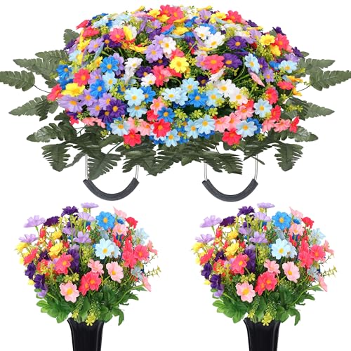 3Set Cemetery Flowers Saddle Spring Cemetery Flowers for Grave Memorial Artificial Wildflowers Bouquets with Vases For Outdoor Grave Decorations Weather Resistant (colorful, Bouquets with saddle) - color: Colorful, size: Bouquets with saddle