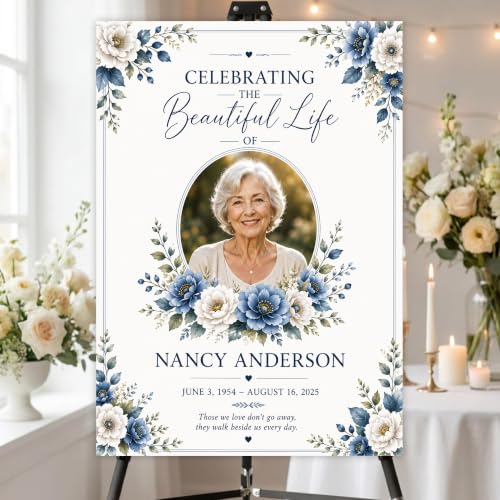 Custom Floral Celebration of Life Welcome Sign Photo for Memorial Funeral | Personalized Minimalist In Loving Memory yard sign. Weather-resistant corrugated plastic decor. Add custom photo, name, dates - color: Sign12