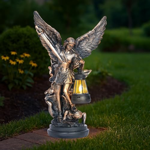 Dlfghos St Michael The Archangel Solar Outdoor Garden Decor Statues–12 in Miguel Arcangel Statue Solar Outdoor Sculptures for Outside Yard Patio Balcony Front Lawn Decor - color: Bronze