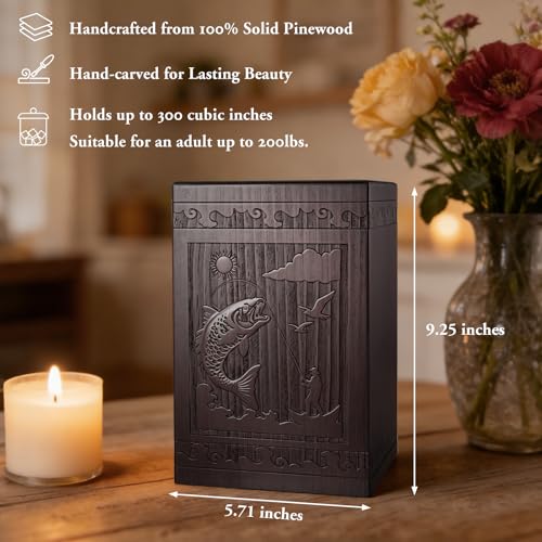 Abooxiu Cremation Urns for Human Ashes Adult Male Female, Wooden Medium Keepsake Urns Box Casket for Ashes, Burial Funeral Memorial Fishing Urn Decorative Urns for Men Women - Up to 200 lbs