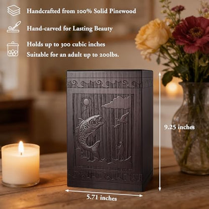 Abooxiu Cremation Urns for Human Ashes Adult Male Female, Wooden Medium Keepsake Urns Box Casket for Ashes, Burial Funeral Memorial Fishing Urn Decorative Urns for Men Women - Up to 200 lbs
