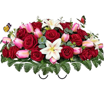 Artificial Cemetery Flowers - Headstone Flower Saddle，Non-Bleed Colors, and Easy Fit - Pink Tulip，White Lily and Red Rose Bouquet