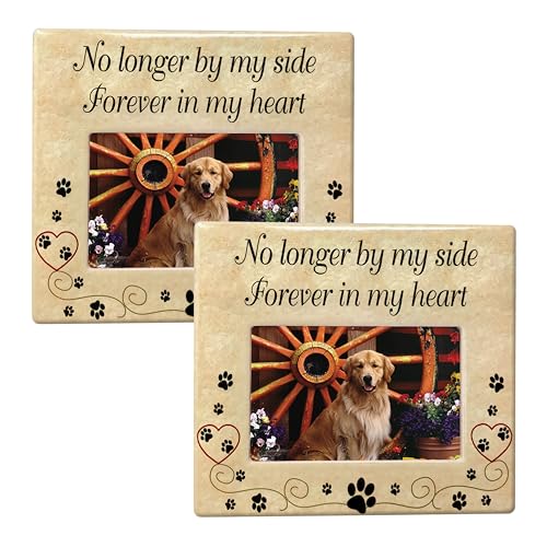 Pet Memorial Picture Frame Set of 2, Ceramic Dog & Cat Memorial Photo Frames 4x6, Pet Loss Sympathy Gift, “No Longer By My Side Forever In My Heart” Bereavement Keepsake for Loss of Dog or Cat - size: 2 pack