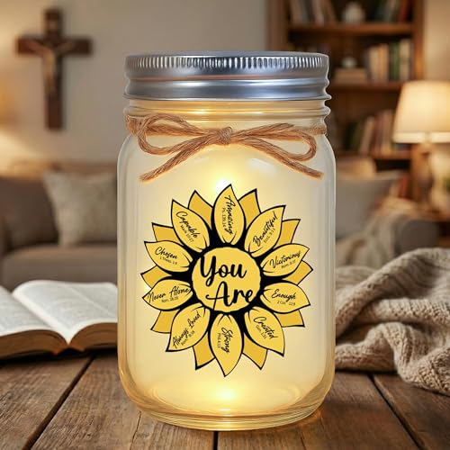 Sunflower Bible Verse Mason Jar Light - God Says You Are Inspirational Christian Gifts for Women, Religious Home Decor, Faith Gifts for Mom & Friends - style: Sunflower