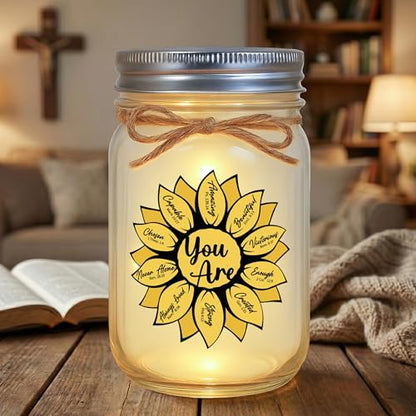 Sunflower Bible Verse Mason Jar Light - God Says You Are Inspirational Christian Gifts for Women, Religious Home Decor, Faith Gifts for Mom & Friends - style: Sunflower