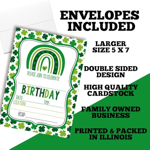 St. Patrick's Day Green Shamrock Rainbow Themed Birthday Party Invitations for Kids, 20 5x7 Fill In Cards with Twenty White Envelopes by AmandaCreation - style: Green Shamrock