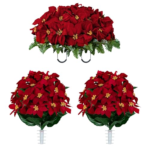 Sympathy Silks Artificial Cemetery Flowers - Gravesite Memorial Arrangment - Red Poinsettia (1) Saddle (2) Bouquets - color: Red, size: (1) Saddle (2) Bouquets