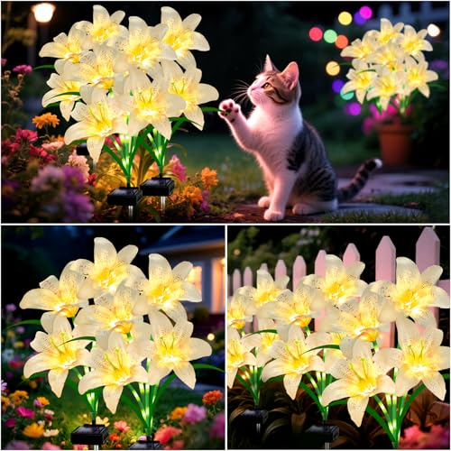 Solar Lights Outdoor, Gift For Women Mom Grandma Wife Daughter Friends, 4 Pack 16 Solar White Lily Flower Lights, Solar Flower Light Waterproof, Outside Decor Stake Light for Landscape Yard Patio Lawn - style: Solar White Lily