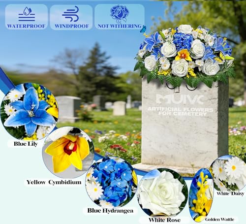 MUVIC Artificial Cemetery Flower Bouquets and Headstone Flower Saddle for Grave,Three-Piece Set:Rose,Rose Lily Hydrangea Cymbidium Daisy, Easy Fit and Colorfast