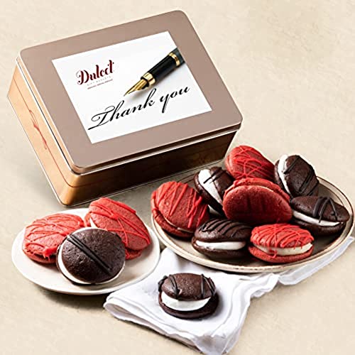 Dulcet Gift Baskets Thank You Baskets For Families Chocolate and Red Velvet Whoopie Pie Tin Assortment, Cookie and Cream Snacks for a Holidays, Birthday, Sympathy, Get Well, & Family or Office Gatherings for Men & Women - color: Thank You