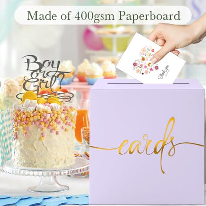 Light Purple Card Box with Gold Foil Design, Paperboard 8.7" Gift Card Holder for Wedding Graduation Birthday Party Reception Retirement Anniversary Bridal & Baby Shower - color: Light Purple Card Box with Gold Foil, size: 8.7×8.7×8.7Inch(1 Pack)