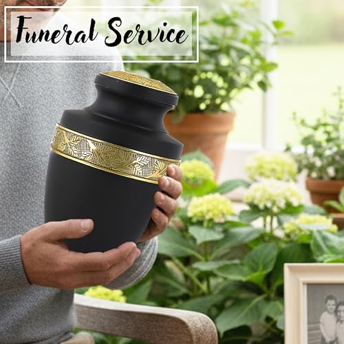 CLEENTABLE Aluminum Cremation Urn for Human Ashes, 11 in. (Black & Gold) - color: Matt Black Metallic Gold, size: Hand-Etched Leaf - 7x11"