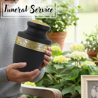 CLEENTABLE Aluminum Cremation Urn for Human Ashes, 11 in. (Black & Gold) - color: Matt Black Metallic Gold, size: Hand-Etched Leaf - 7x11"