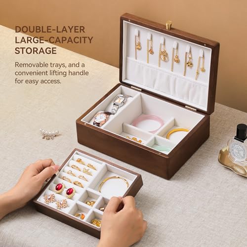 Black Walnut Wooden Jewelry Box, 2 Layer Necklace Organizer Case for Women - color: 2 Layer