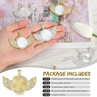 Hicarer 60 Pcs Sublimation Necklace Angel Wing Necklace with Picture | Memorial Necklace Jewelry Blanks Trays Rhinestone Bezel Gold Silver Blank with Chain for Christmas DIY Wedding Souvenir Gift