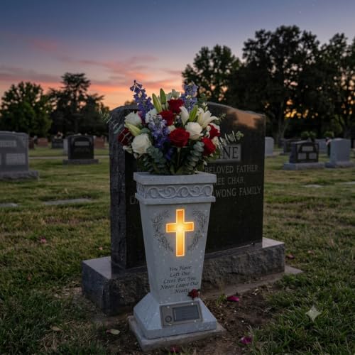 Cemetery Vases for Grave with Solar Light,Cross Flower Holder for Cemetery with Drain Stopper & Ground Spike,Grave Decorations for Cemetery flower holders, Tokens of Sympathy for a Loved One's Passing