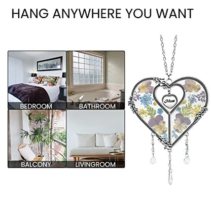 LARAINE Heart Suncatcher with Pressed Flower Wings Mom's Day Love Glass Wind Chime Ornament Charm with Metal Heart Gifts for Mom, Grandma, Aunt, Birthday (Blue) - size: Mom