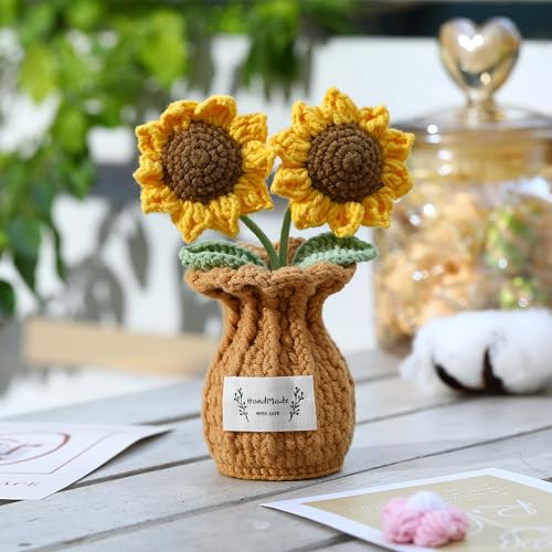 Crochet Sunflower Gift for Mom – Handmade Double Sunflower Pot, Cute Mother’s Day & Birthday Gift for Women, Dad, Teacher, Friend, Coworker, Inspirational Desk Decor - color: F-sunflower