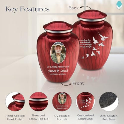 Geturns Embrace Adult Personalized Doves Cremation Urns for Human Ashes I Large Picture Pearl Candy Red Funeral Urn for Adult Men and Women with Double Side Engraving I 200 lbs - color: _Pearl Candy Red (Double Sided)