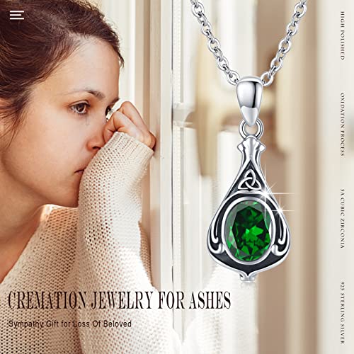 Urn Necklace for Ashes Cremation Jewelry 925 Sterling Silver Ashes Pendant Necklace Memorial Jewelry Gifts for Women Men Girls Boys - style: Celtic-May-Emerald