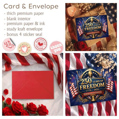 250th Anniversary Card Freedom Torch Flag America Patriotic Gift | 250th Anniversary Freedom Card with American Flags and Liberty Bell for 4th of July Celebration and Patriotic Events - color: ame14