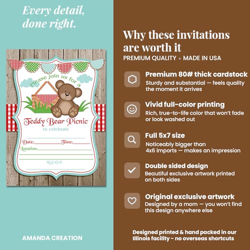 Teddy Bear Picnic Birthday Party Invitations, 20 5x7 Fill In Cards with Twenty White Envelopes by AmandaCreation - style: Teddy Bear Picnic