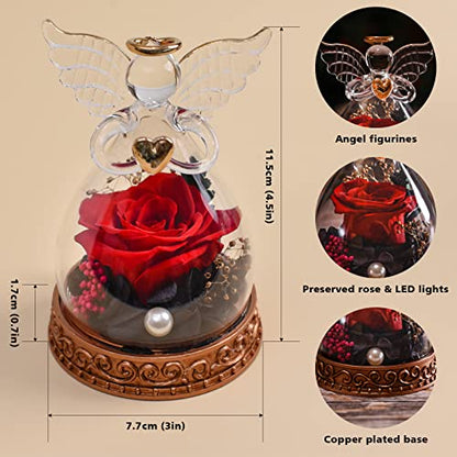 Preserved Real Rose in Glass Angel Figurine with LED Light, Angel Gifts for Women, Mom, Grandma on Mother's Day Christmas Birthday (Red) - color: Red