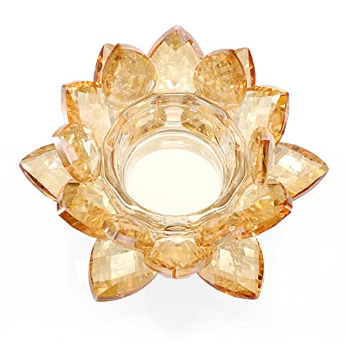 OwnMy Crystal Lotus Flower Tealight Holder Lotus Petal Votive Candle Holder | Champagne Gold Crystal Lotus Flower Candle Stand, Decorative Glass Lotus Candle Lamp for Wedding Dining Table Centerpieces - color: Champagne Gold