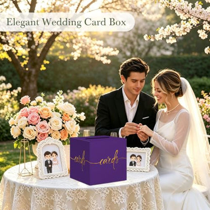 Purple Card Box with Gold Foil Design, Paperboard 8.7" Gift Card Holder for Wedding Graduation Birthday Party Reception Retirement Anniversary Bridal & Baby Shower - color: Purple Card Box with Gold Foil, size: 8.7×8.7×8.7Inch(1 Pack)