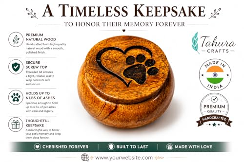 Small Pet Urn for Ashes, Mango Wood Memorial Keepsake for Dog or Cat, Paw & Heart Design, Holds up to 6 lbs - size: Small 0.6 Cu In
