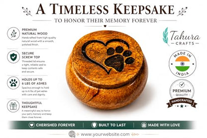 Small Pet Urn for Ashes, Mango Wood Memorial Keepsake for Dog or Cat, Paw & Heart Design, Holds up to 6 lbs - size: Small 0.6 Cu In