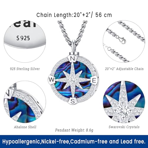 Compass Necklace for Women Men 925 Sterling Silver Pendant Urn Necklaces for Ashes Picture Locket Necklace Anchor Necklace Viking Necklace Crystals CZ Moonstone Abalone Shell Turquoise Compass Jewelry - color: T-F-Compass Urn Necklace, style: Urn Necklace