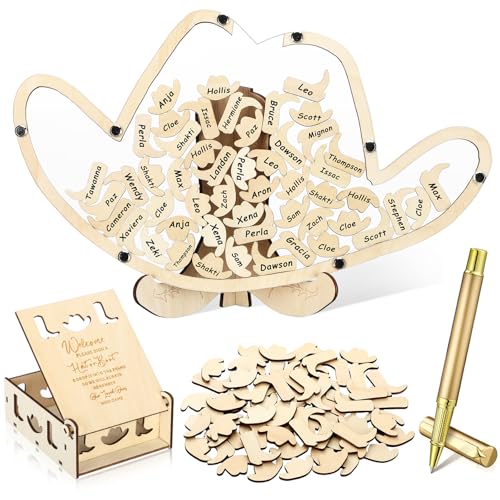 Wenqik 63 Pcs Wedding Guest Book Alternatives Set Bridal Shower Decorations with Photo Frame Sonogram Frame Keepsake 60 Wood Slices Guest Book for Wedding Baby Shower(Cowboy Hat) - style: Cowboy Hat