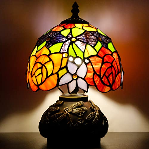 Small Tiffany Lamp Mini Stained Glass Table Lamp Red Yellow Rose Style | Mushroom Desk Light Memory Sympathy Lamp 8X11 Inch - color: Red Yellow Rose Style