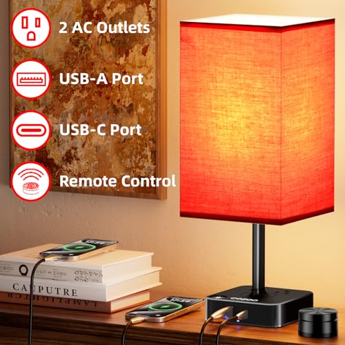 Bedroom Nightstand Lamp with Charger, Touch Table Lamps with Remote Control - color: Red