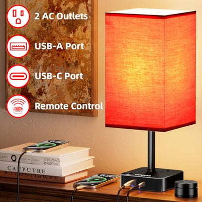 Bedroom Nightstand Lamp with Charger, Touch Table Lamps with Remote Control - color: Red