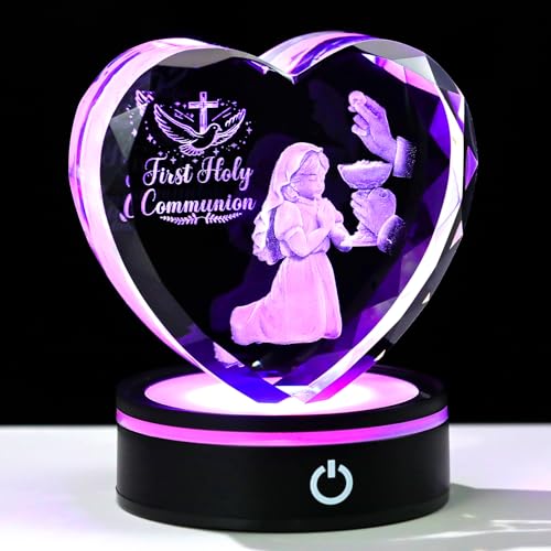 Ornalrist 3D Crystal First Holy Communion Gifts for Girls Her Christian | Glass Heart Laser Engraving Communion Baptism Gifts for Women with LED Light Base, Catholic Christian Presents, Home Decor - color: First Holy Communion Gifts for Girl