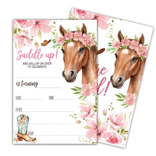Cowgirl Horse Birthday Invitation Cards with Envelopes, 20 Pack 4x6 Fill-In Party Invites for Girls Boys, Western Floral Saddle Up Birthday Party Supplies - B03 - color: Cowgirl