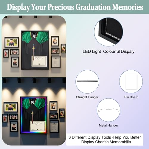 Cap and Gown Shadow Box,Lighting Wall-Mounted Display Stand, Black | Matte black wood frame, dustproof acrylic panel, lockable wall mount case, displays graduation gown,as commemorative gift - size: Large - Black - with LED