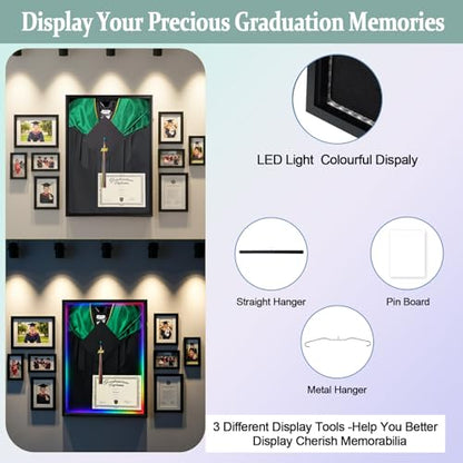 Cap and Gown Shadow Box,Lighting Wall-Mounted Display Stand, Black | Matte black wood frame, dustproof acrylic panel, lockable wall mount case, displays graduation gown,as commemorative gift - size: Large - Black - with LED